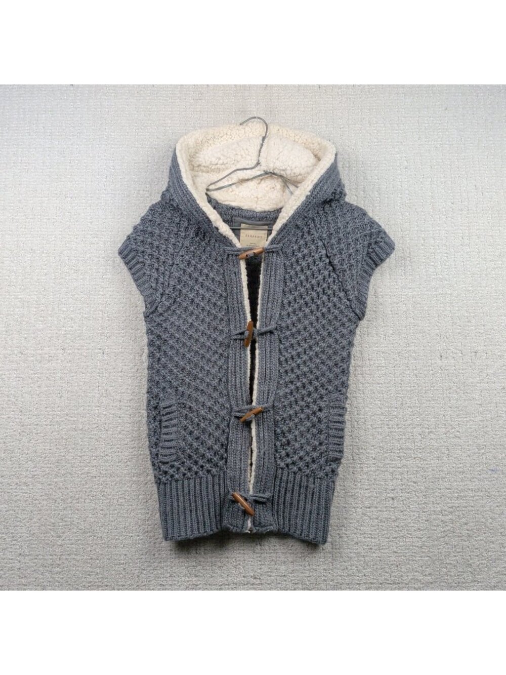 Y2K Zara Chunky Knit Cardigan Vest Sherpa Fleece Hood Wood Toggle Cozy Cabin M